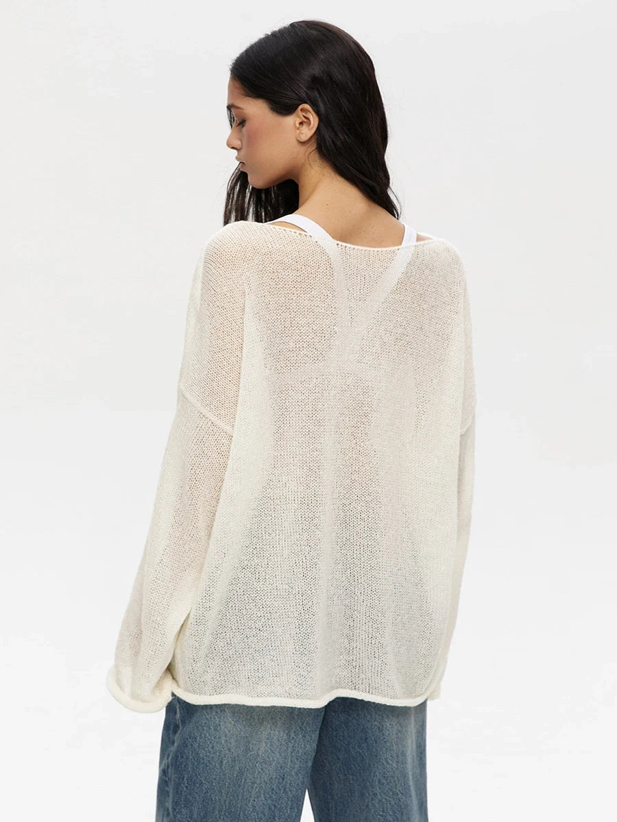 Marguerite | Sheer Open Knit Relaxed Crew Neck Sweater - View 45
