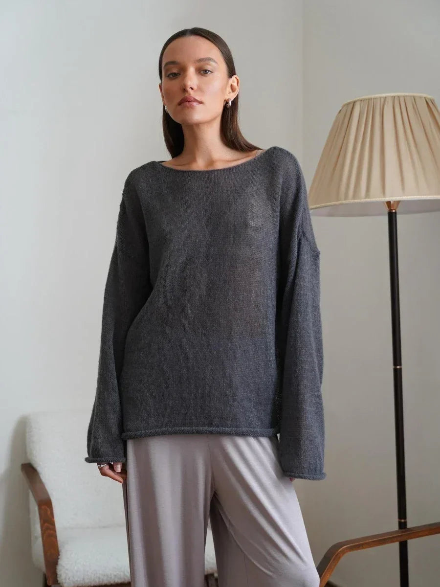 Marguerite | Sheer Open Knit Relaxed Crew Neck Sweater - View 6