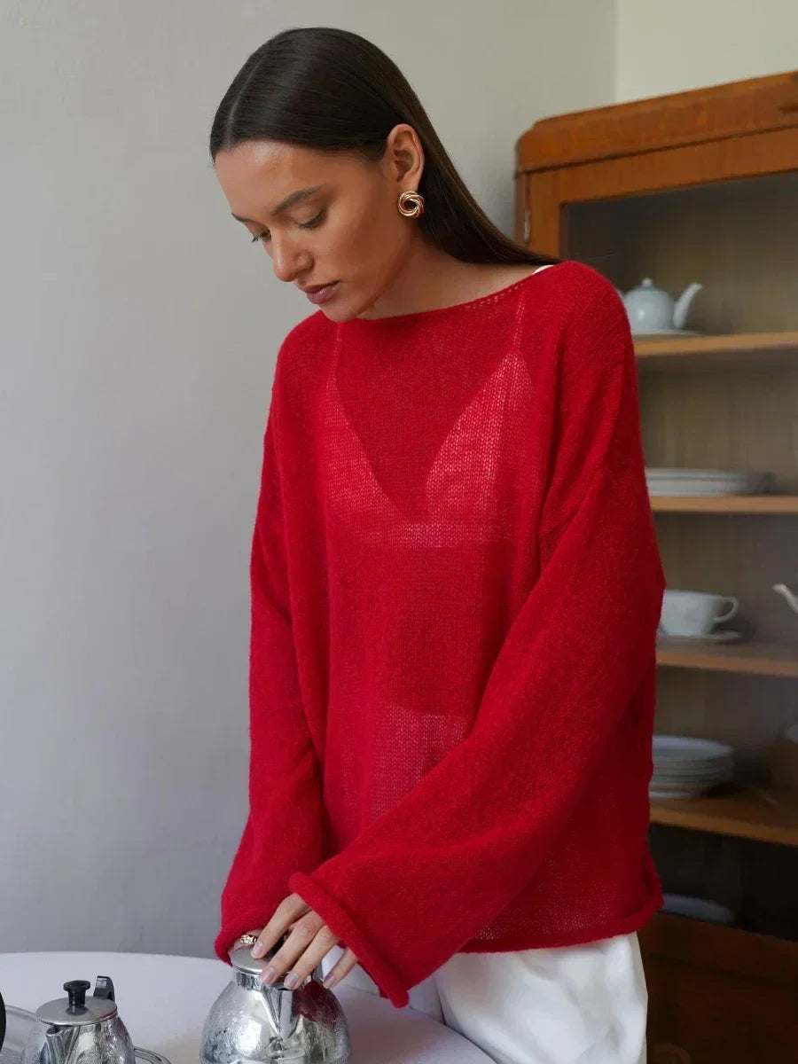 Marguerite | Sheer Open Knit Relaxed Crew Neck Sweater - View 7