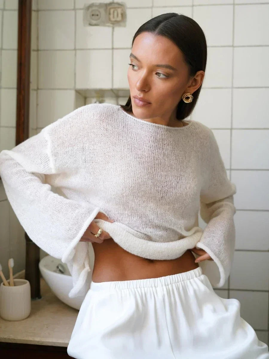 Marguerite | Sheer Open Knit Relaxed Crew Neck Sweater - View 8