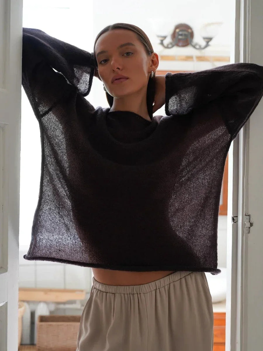 Marguerite | Sheer Open Knit Relaxed Crew Neck Sweater - View 9