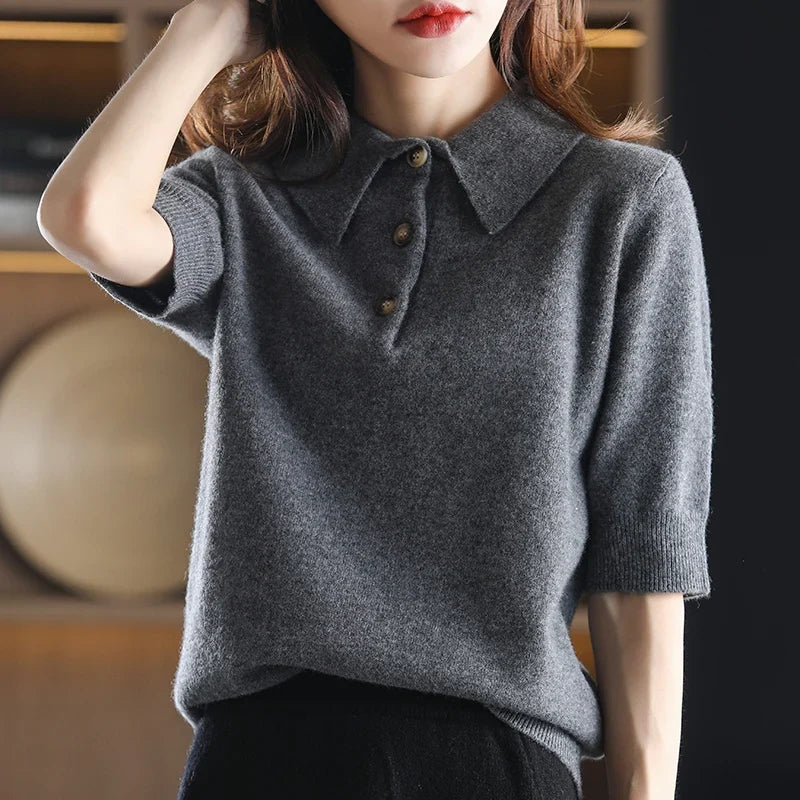 Marlowe | Buttoned Short Sleeve Wool Polo Knit Sweater - View 10