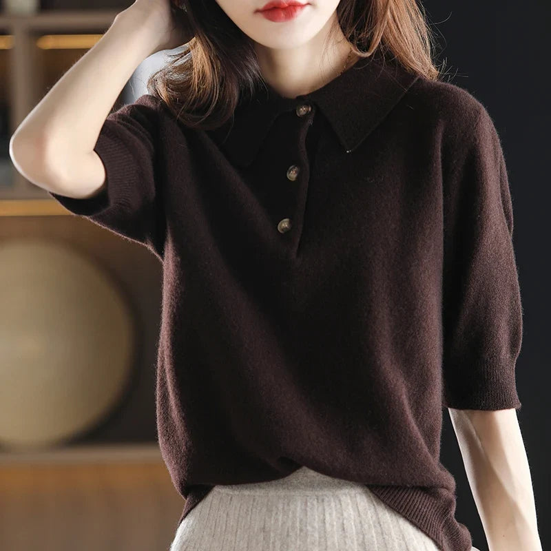 Marlowe | Buttoned Short Sleeve Wool Polo Knit Sweater - View 12