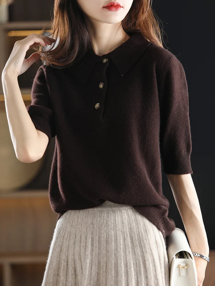 Marlowe | Buttoned Short Sleeve Wool Polo Knit Sweater - View 18