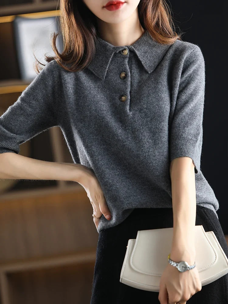 Marlowe | Buttoned Short Sleeve Wool Polo Knit Sweater - View 22