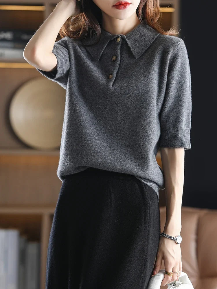 Marlowe | Buttoned Short Sleeve Wool Polo Knit Sweater - View 23