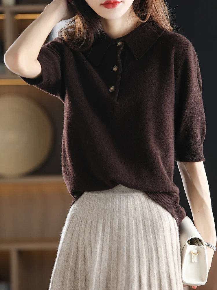 Marlowe | Buttoned Short Sleeve Wool Polo Knit Sweater - View 27