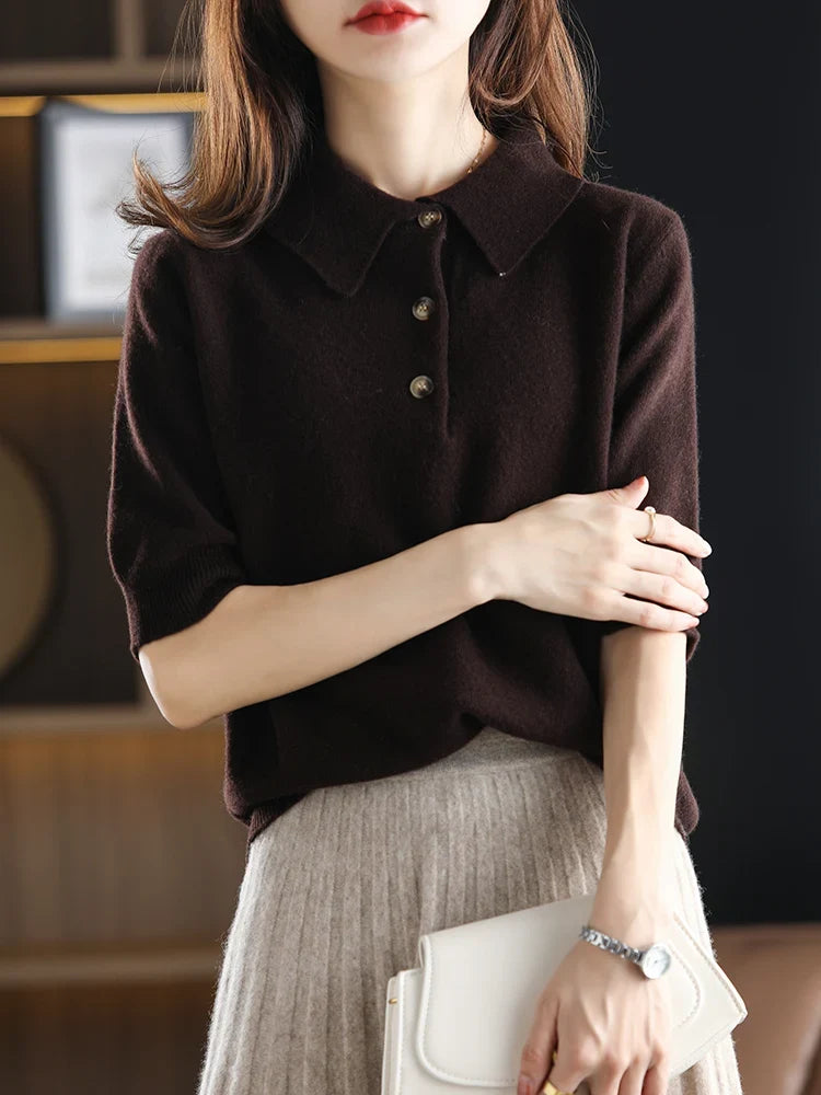 Marlowe | Buttoned Short Sleeve Wool Polo Knit Sweater - View 28