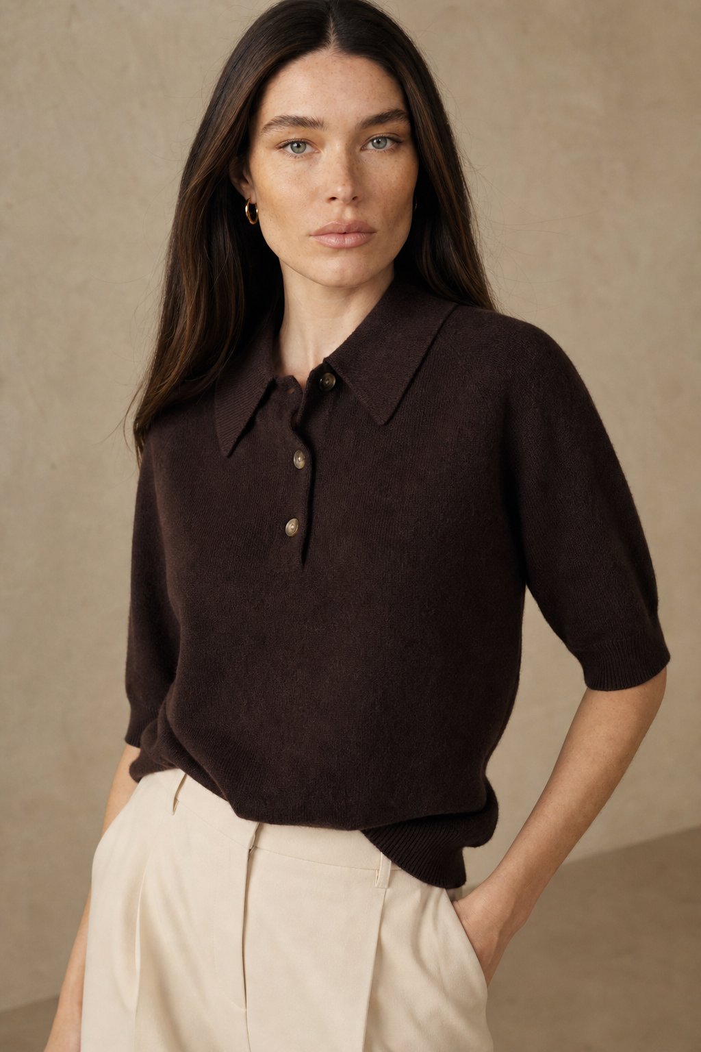 Marlowe | Buttoned Short Sleeve Wool Polo Knit Sweater - View 5