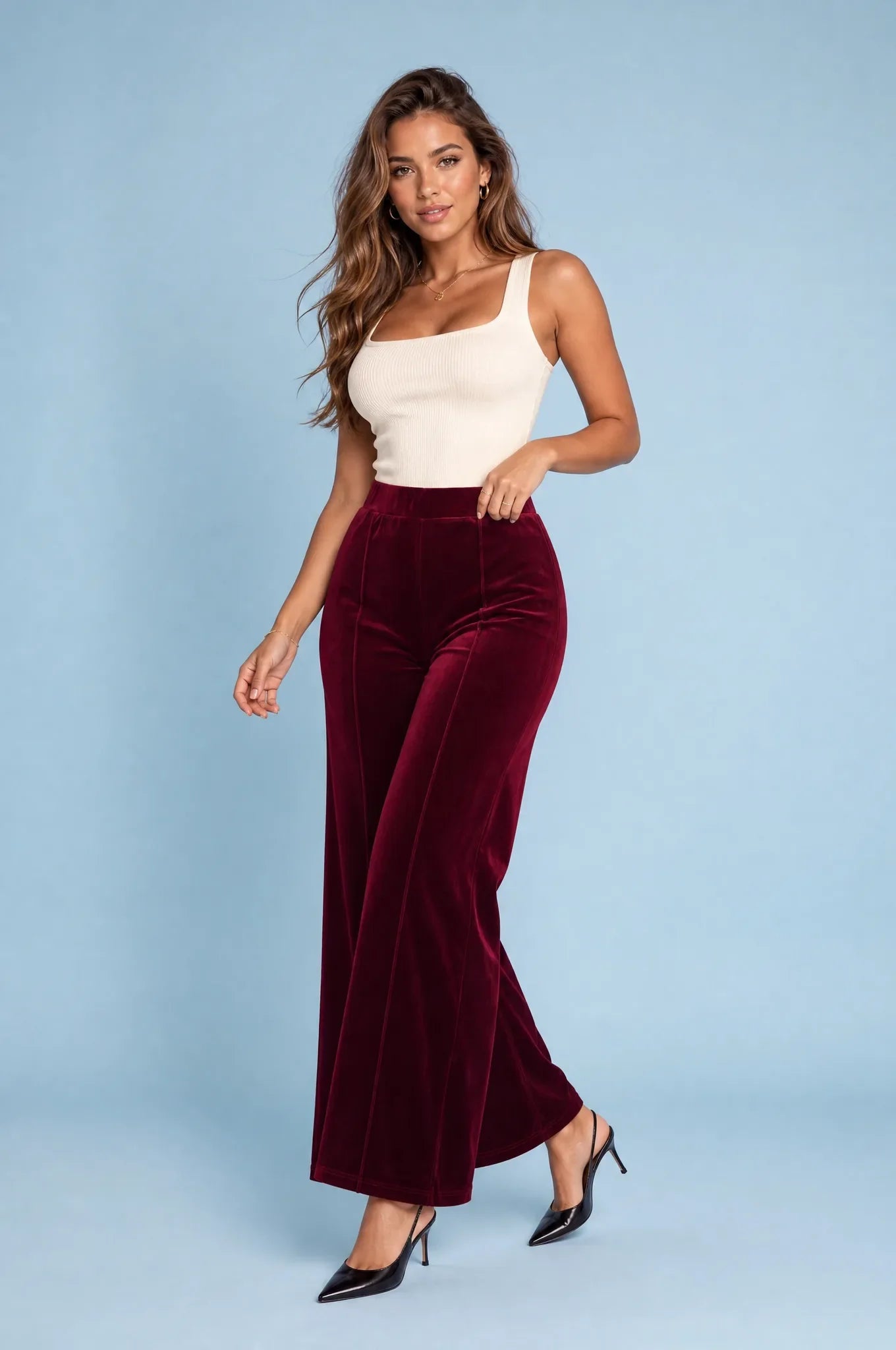 Marnie | Pintuck Seam High Waist Velvet Wide Leg Trousers