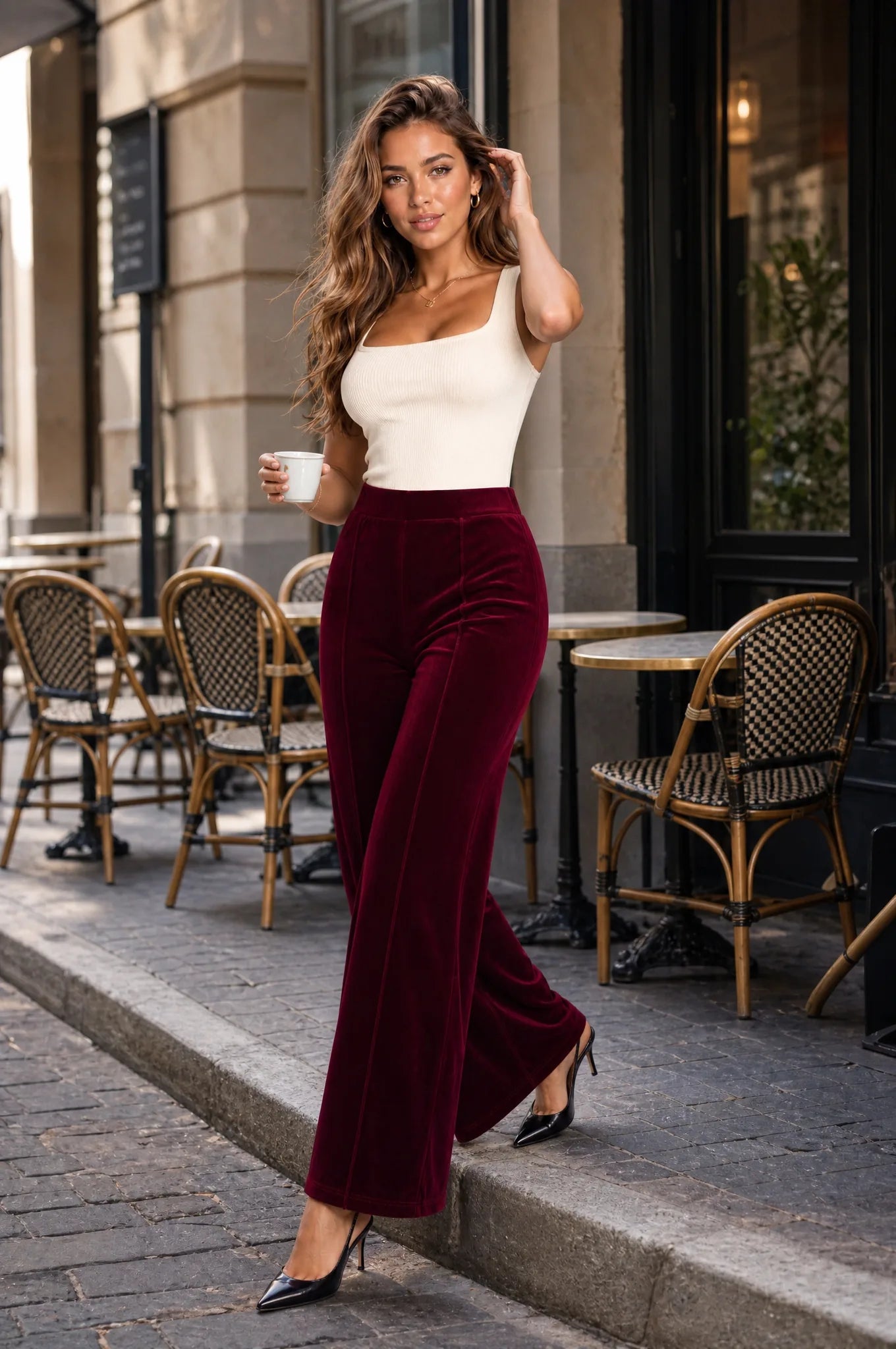 Marnie | Pintuck Seam High Waist Velvet Wide Leg Trousers - View 2