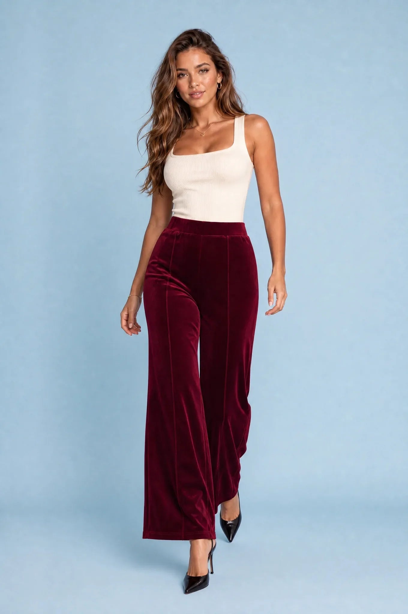 Marnie | Pintuck Seam High Waist Velvet Wide Leg Trousers - View 3