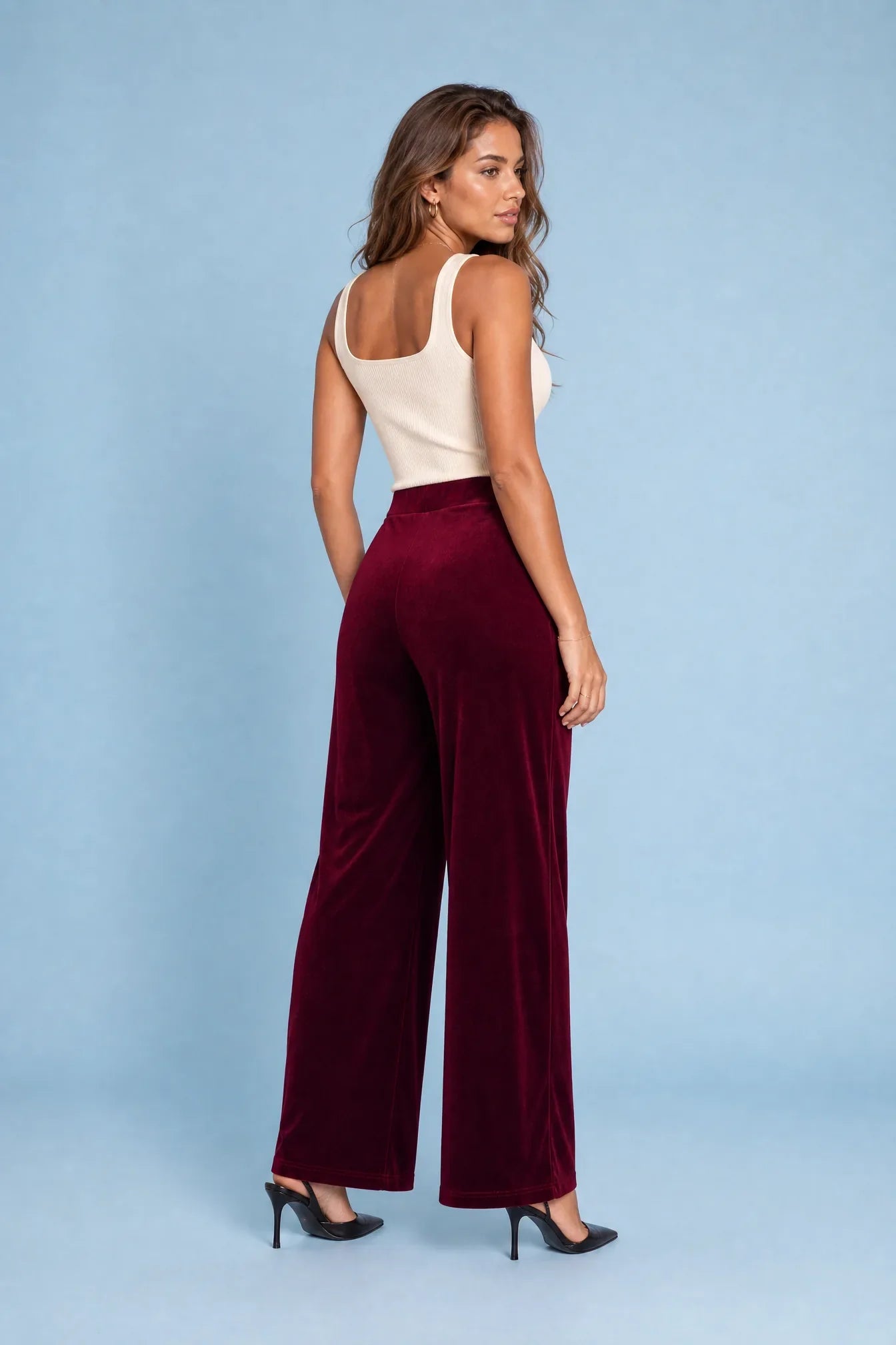 Marnie | Pintuck Seam High Waist Velvet Wide Leg Trousers - View 5