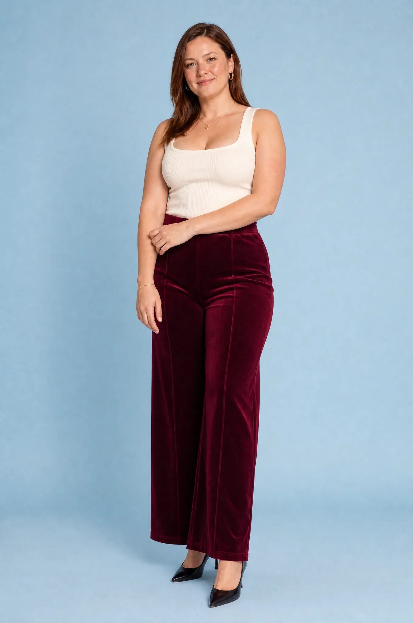 Marnie | Pintuck Seam High Waist Velvet Wide Leg Trousers - View 6