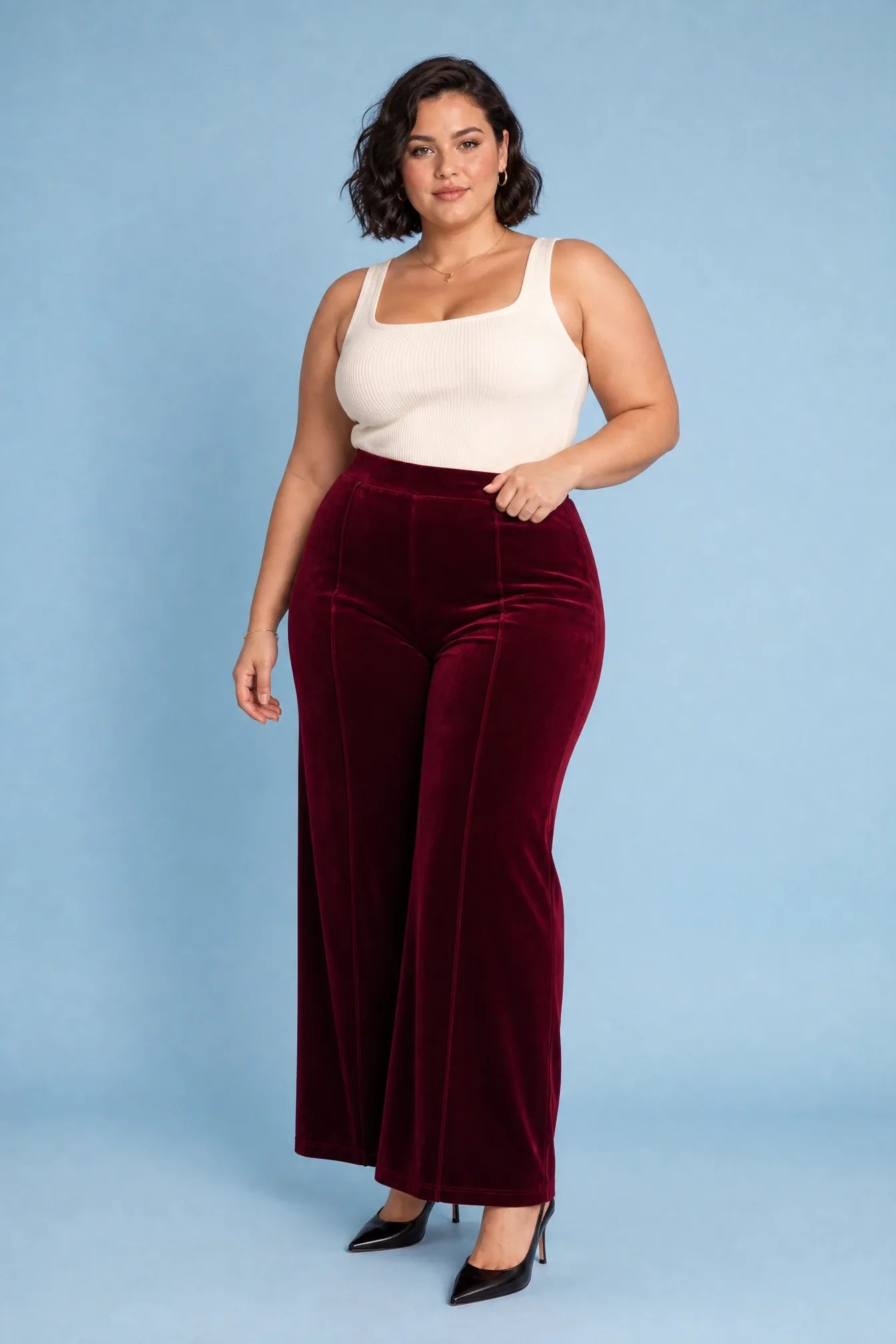Marnie | Pintuck Seam High Waist Velvet Wide Leg Trousers - View 7