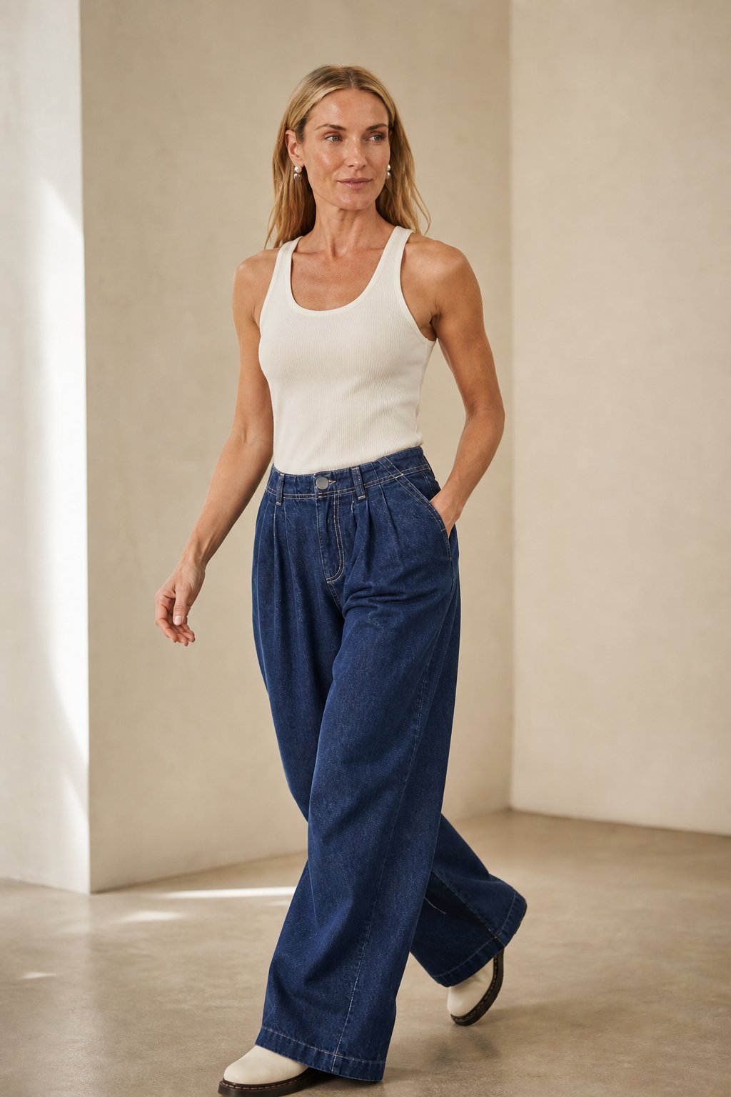 Merle | Pleated Front High Rise Cuffed Wide Leg Jeans - View 7