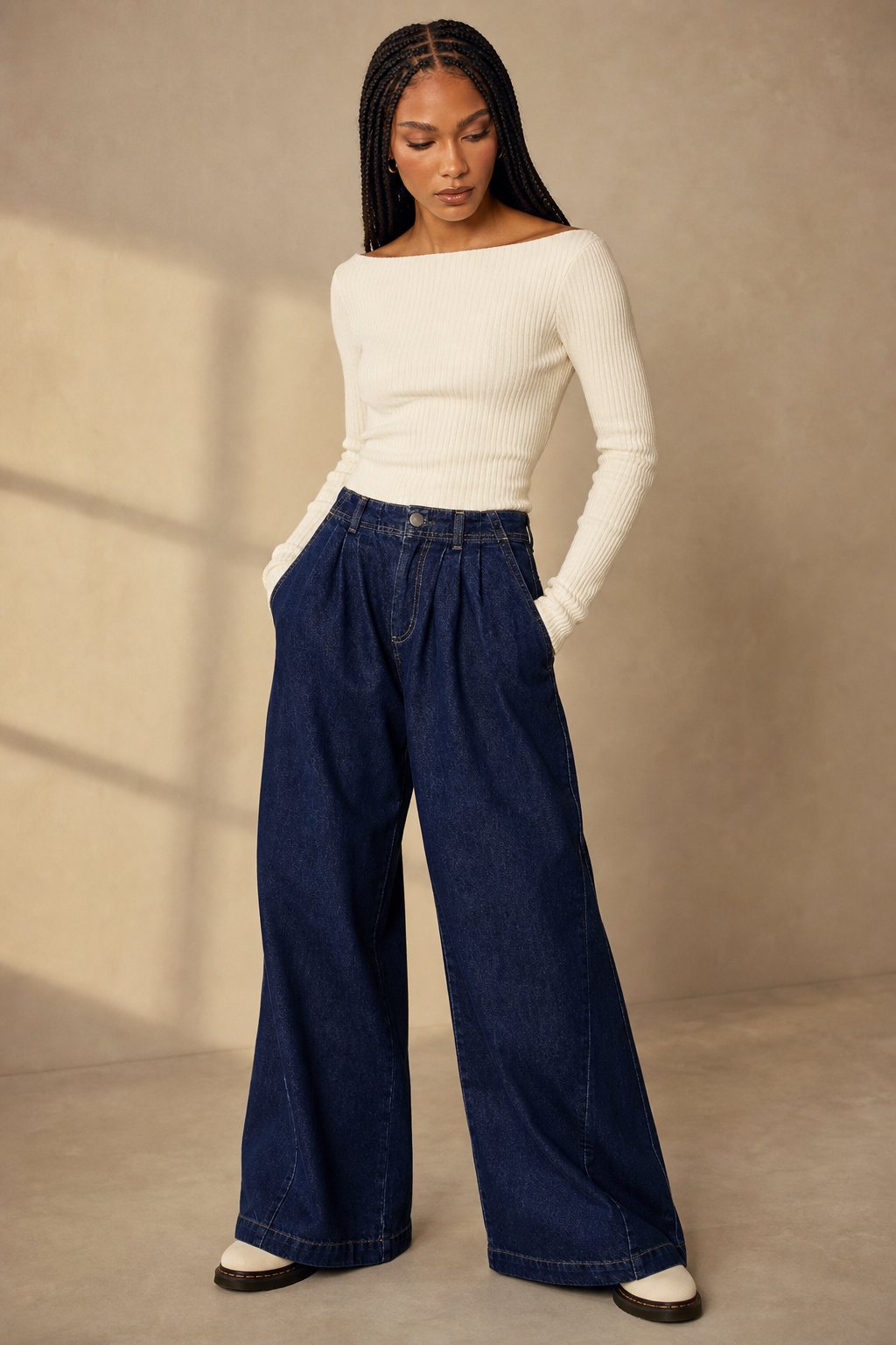 Merle | Pleated Front High Rise Cuffed Wide Leg Jeans - View 8