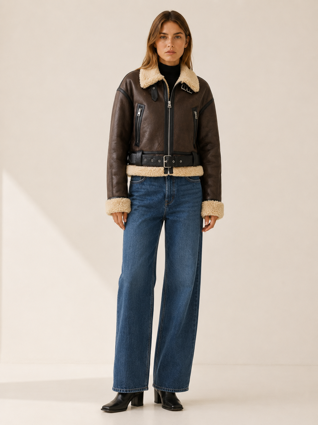 Mirren | Shearling Trim Aviator Collar Belted Bomber Jacket