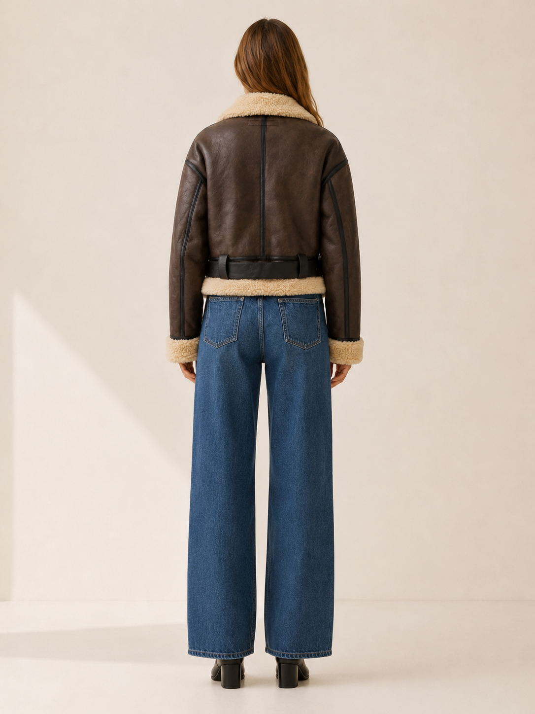 Mirren | Shearling Trim Aviator Collar Belted Bomber Jacket - View 2