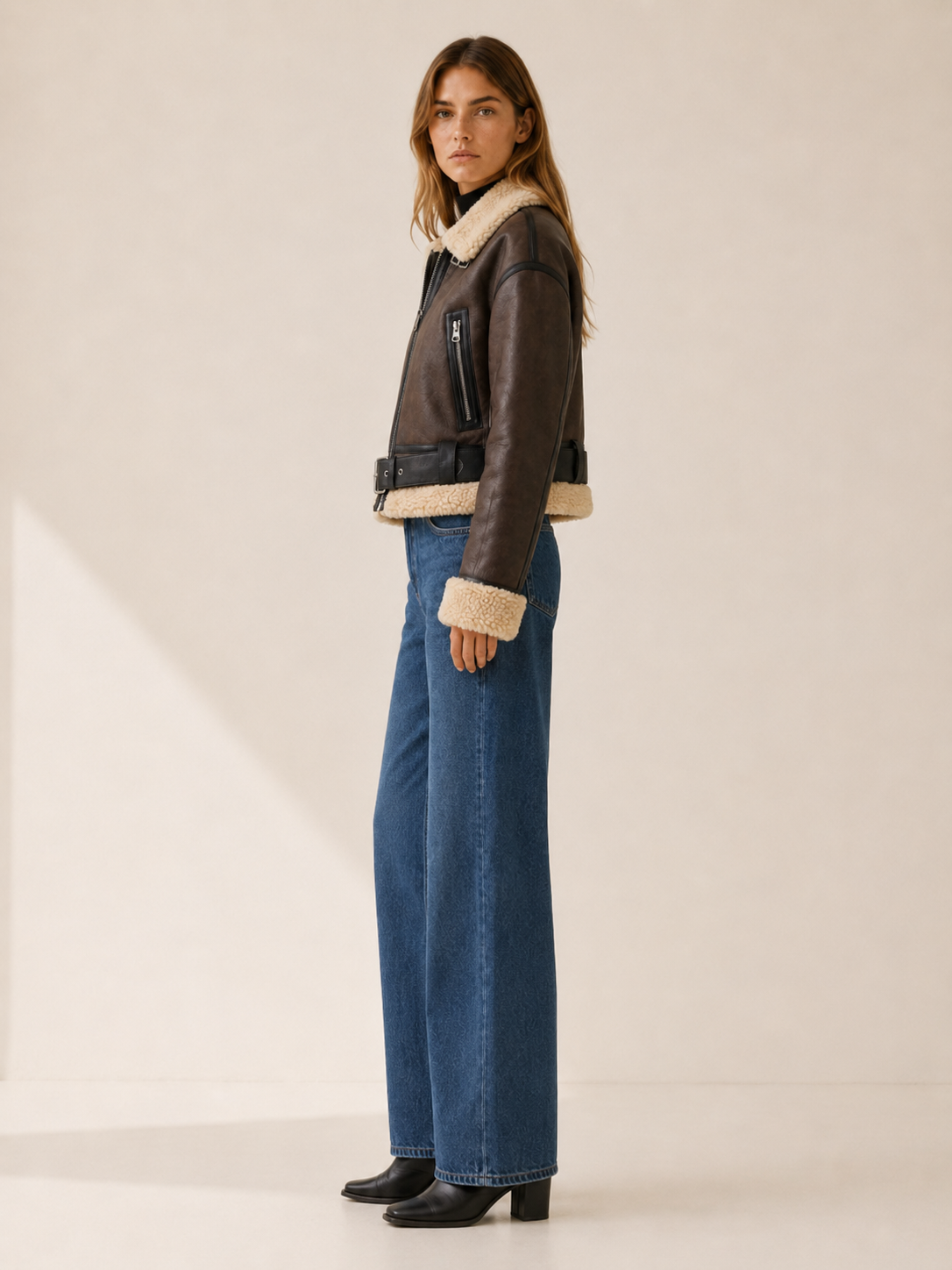 Mirren | Shearling Trim Aviator Collar Belted Bomber Jacket - View 3