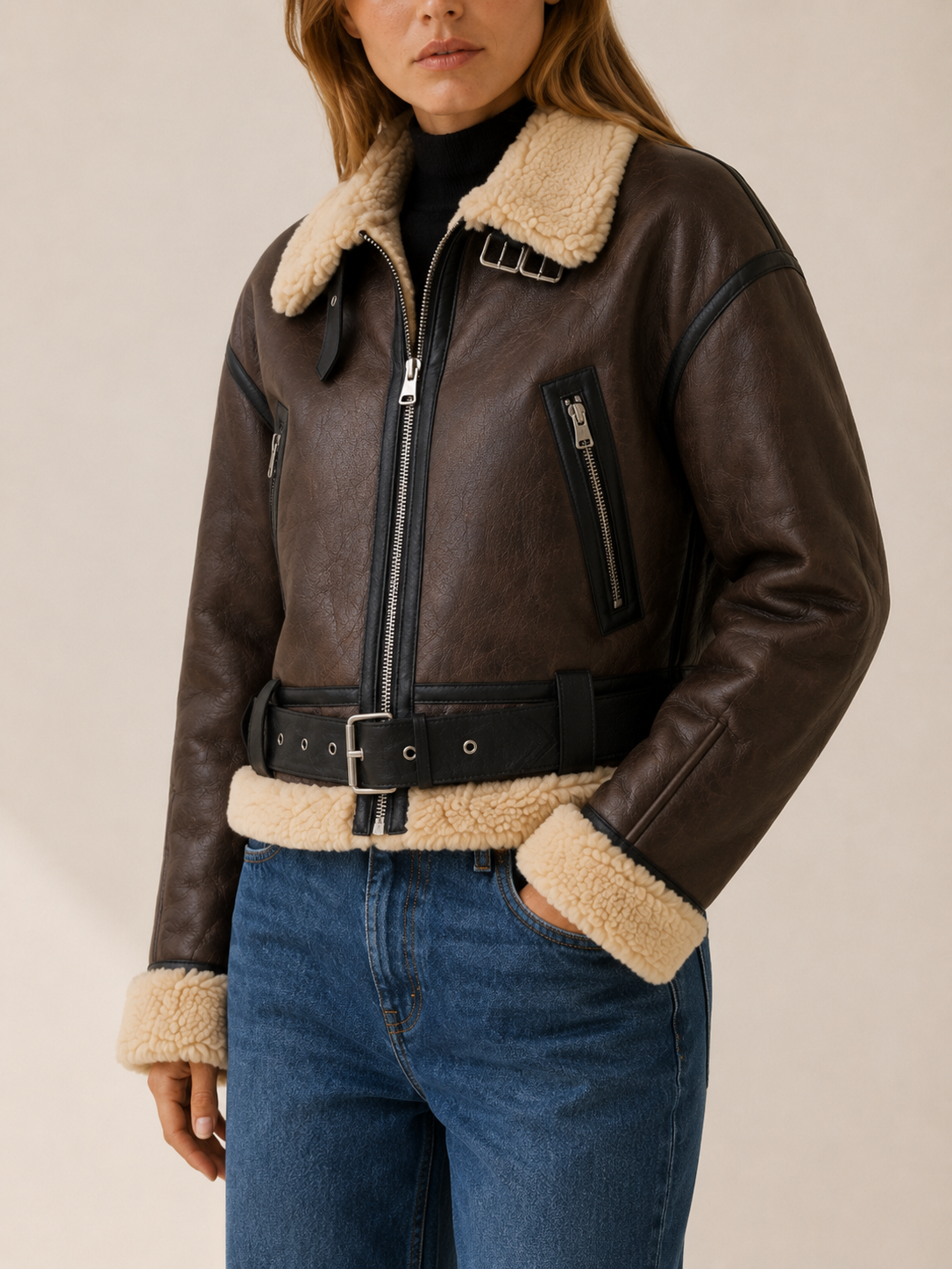 Mirren | Shearling Trim Aviator Collar Belted Bomber Jacket - View 4
