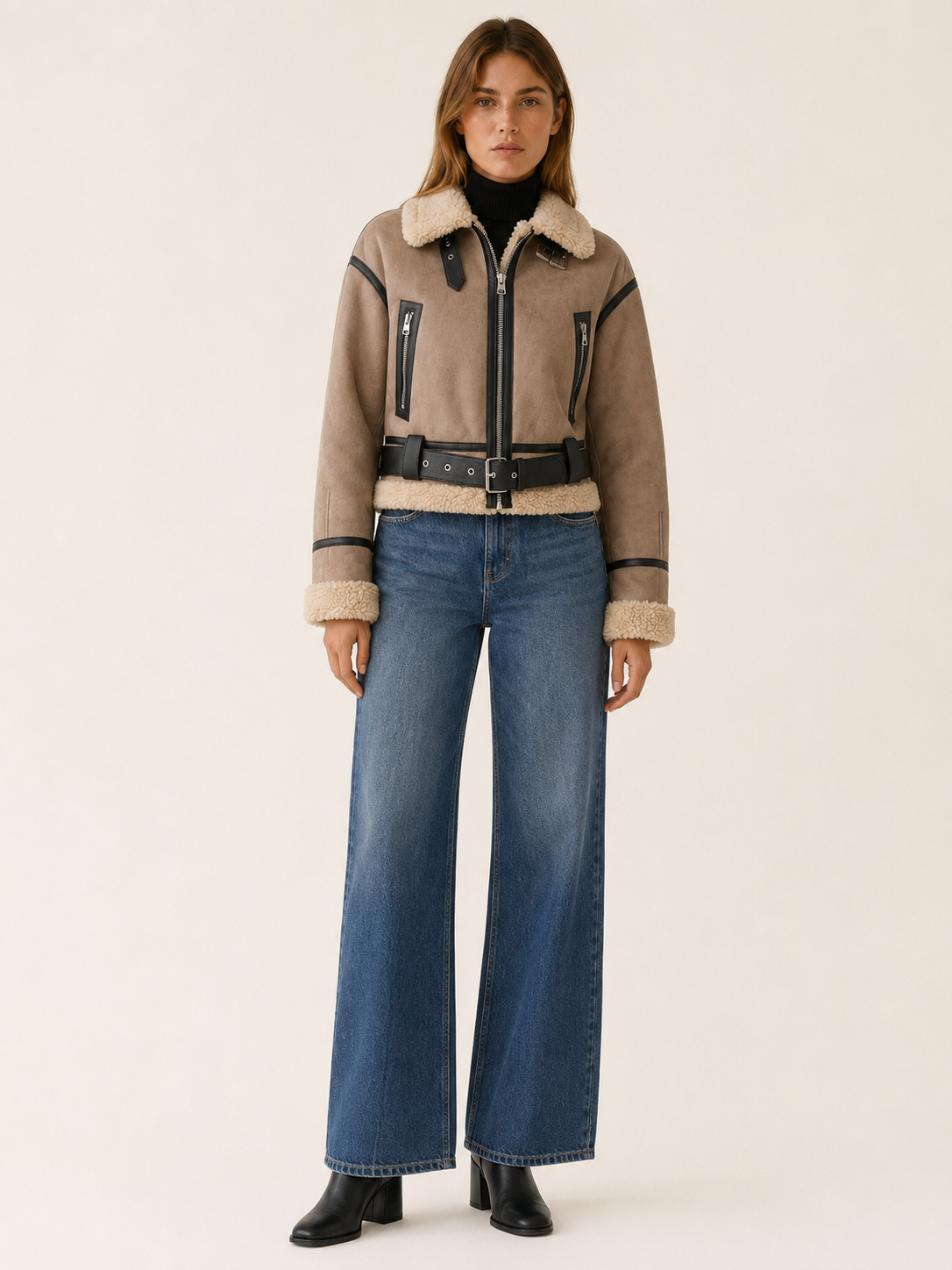 Mirren | Shearling Trim Aviator Collar Belted Bomber Jacket - View 6