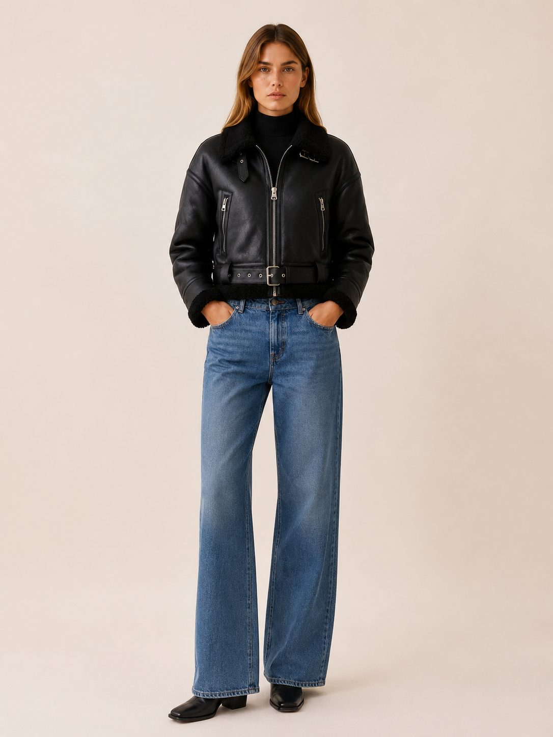 Mirren | Shearling Trim Aviator Collar Belted Bomber Jacket - View 7