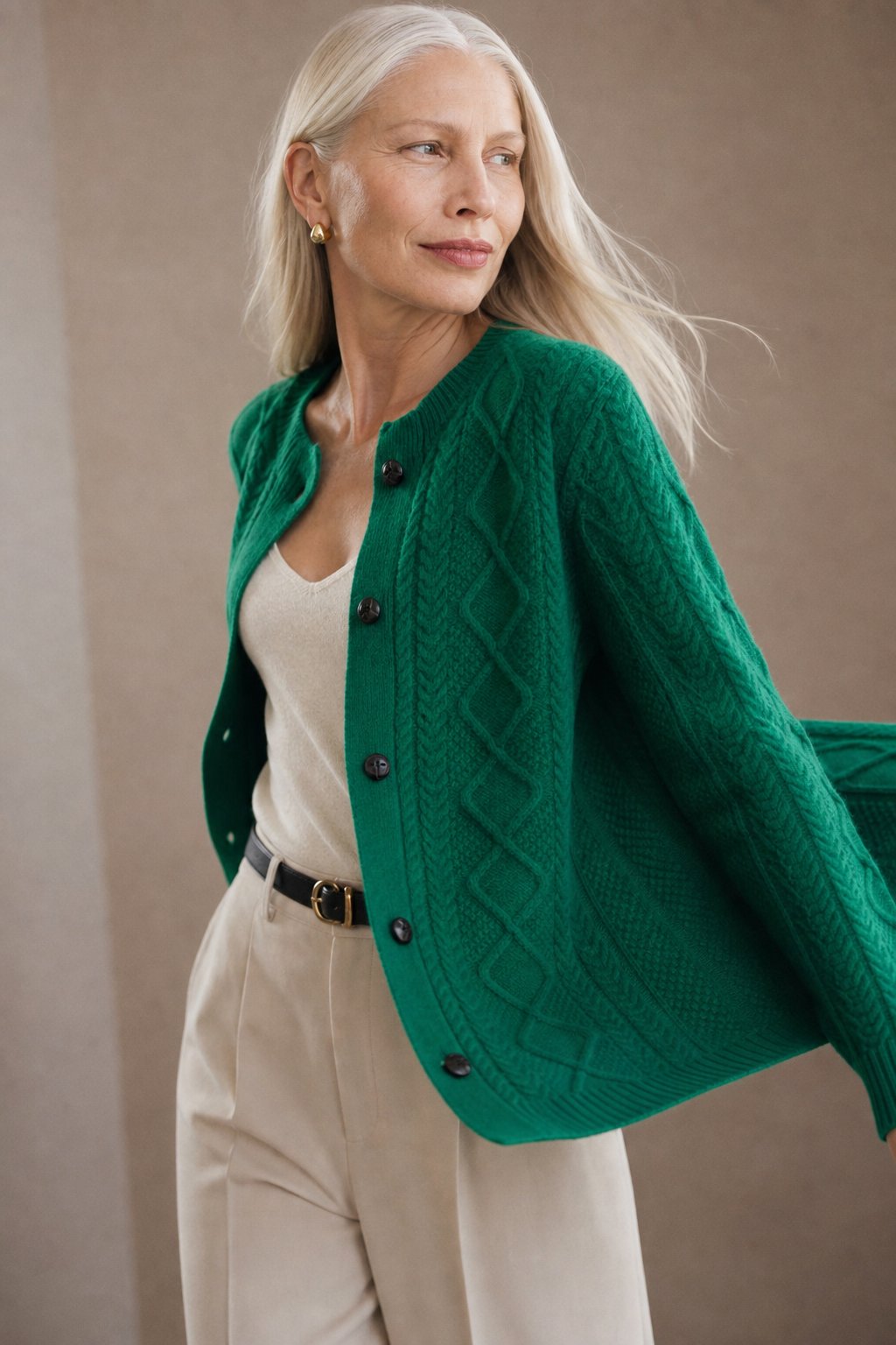 Nadia | Aran Cable Knit Button Front Cashmere Cardigan
