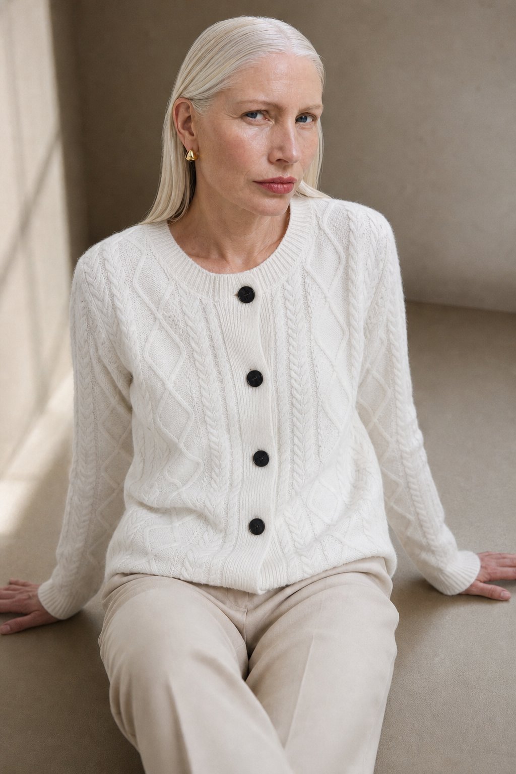Nadia | Aran Cable Knit Button Front Cashmere Cardigan - View 10
