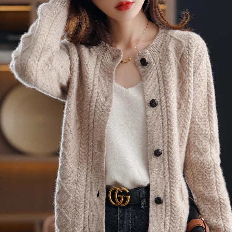 Nadia | Aran Cable Knit Button Front Cashmere Cardigan - View 13