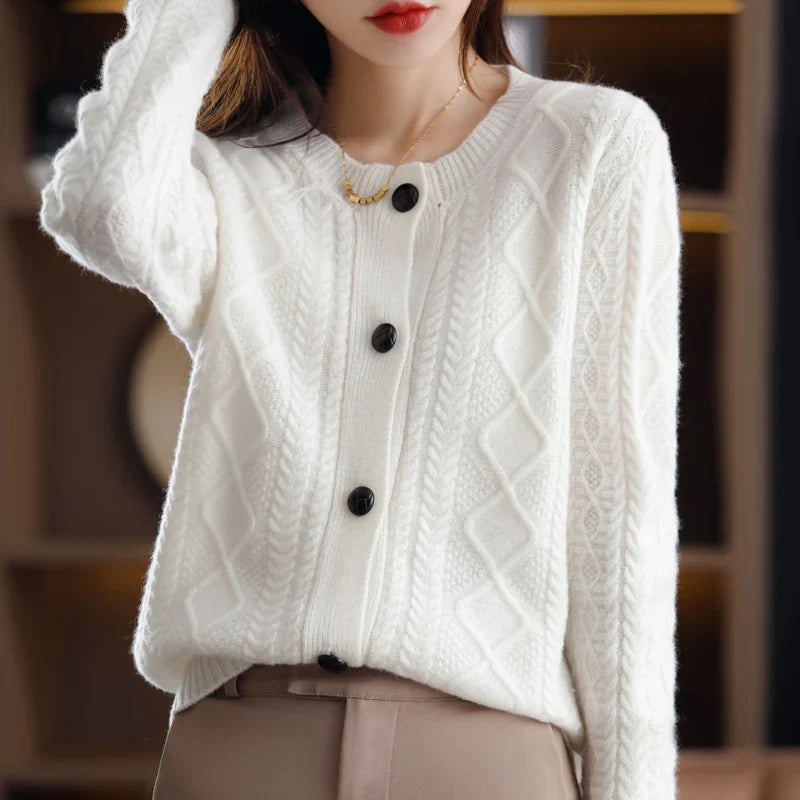 Nadia | Aran Cable Knit Button Front Cashmere Cardigan - View 14