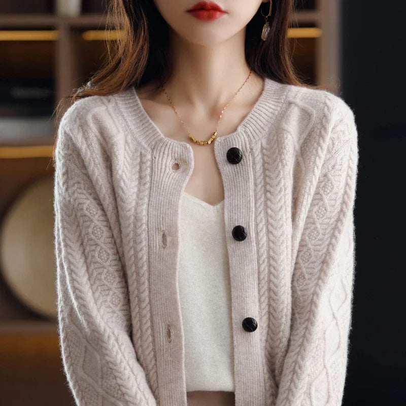 Nadia | Aran Cable Knit Button Front Cashmere Cardigan - View 15