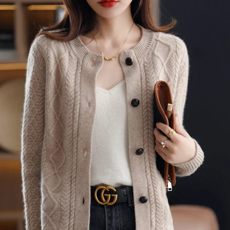 Nadia | Aran Cable Knit Button Front Cashmere Cardigan - View 17
