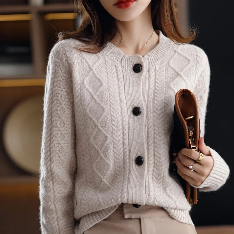 Nadia | Aran Cable Knit Button Front Cashmere Cardigan - View 19