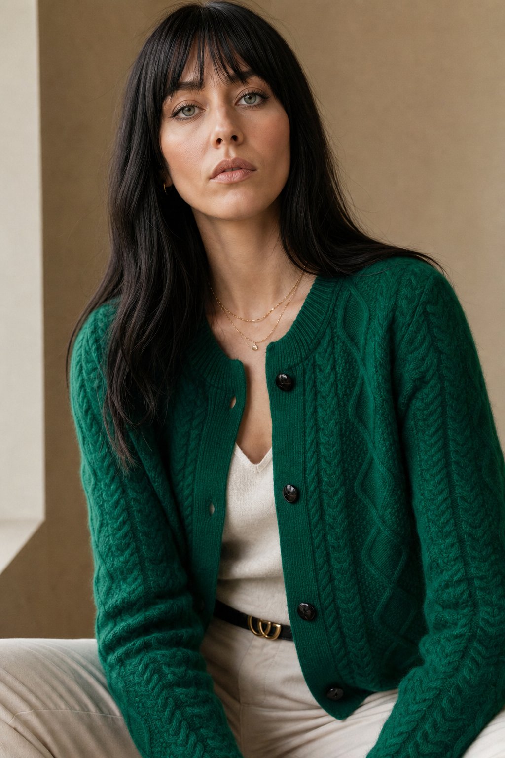Nadia | Aran Cable Knit Button Front Cashmere Cardigan - View 2