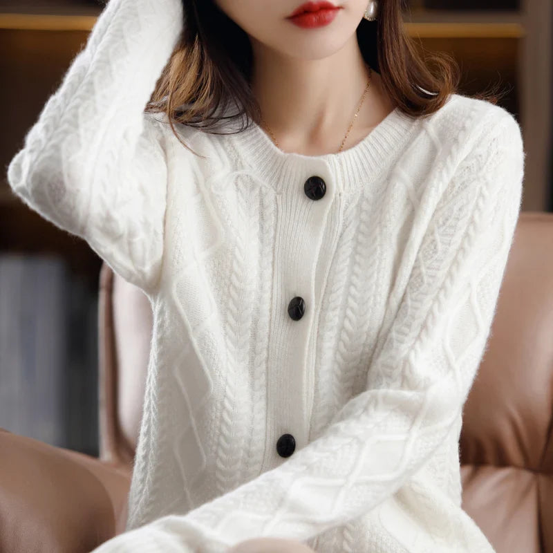 Nadia | Aran Cable Knit Button Front Cashmere Cardigan - View 20