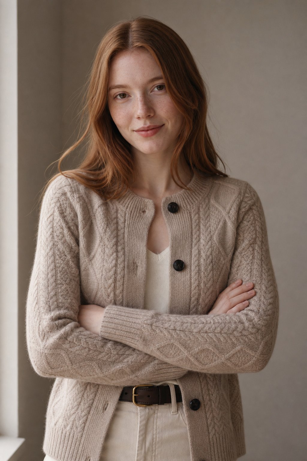 Nadia | Aran Cable Knit Button Front Cashmere Cardigan - View 3