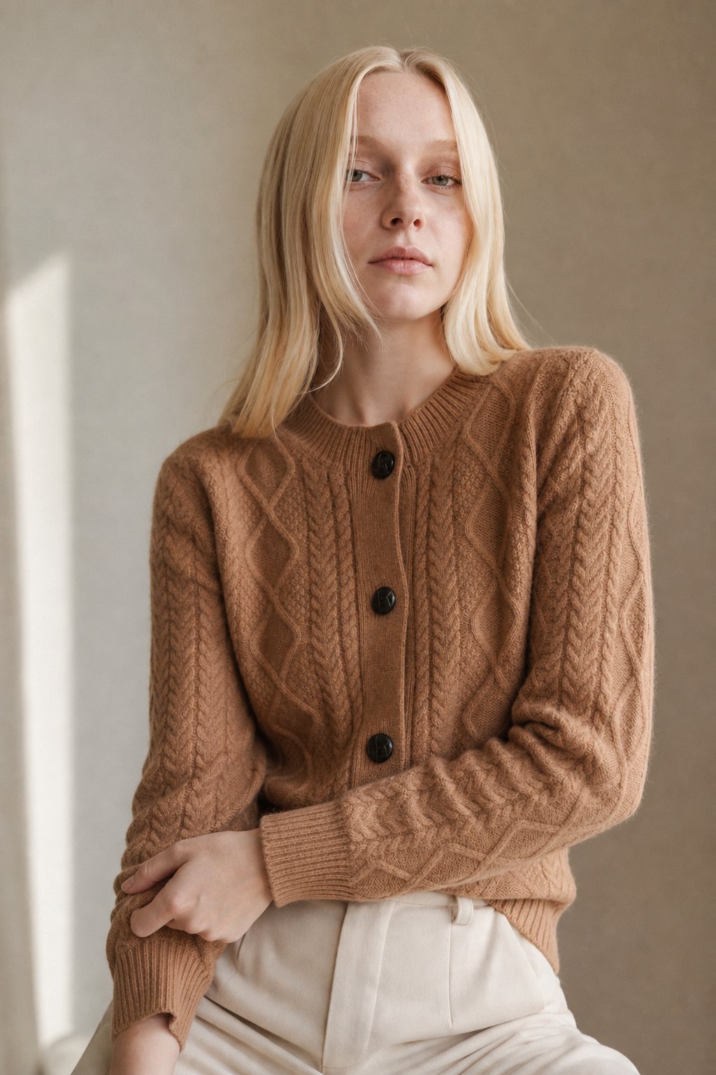 Nadia | Aran Cable Knit Button Front Cashmere Cardigan - View 5