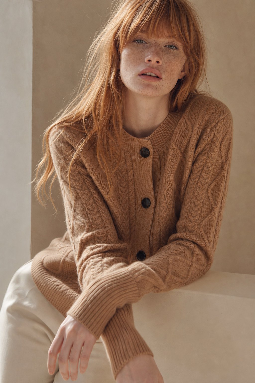 Nadia | Aran Cable Knit Button Front Cashmere Cardigan - View 6