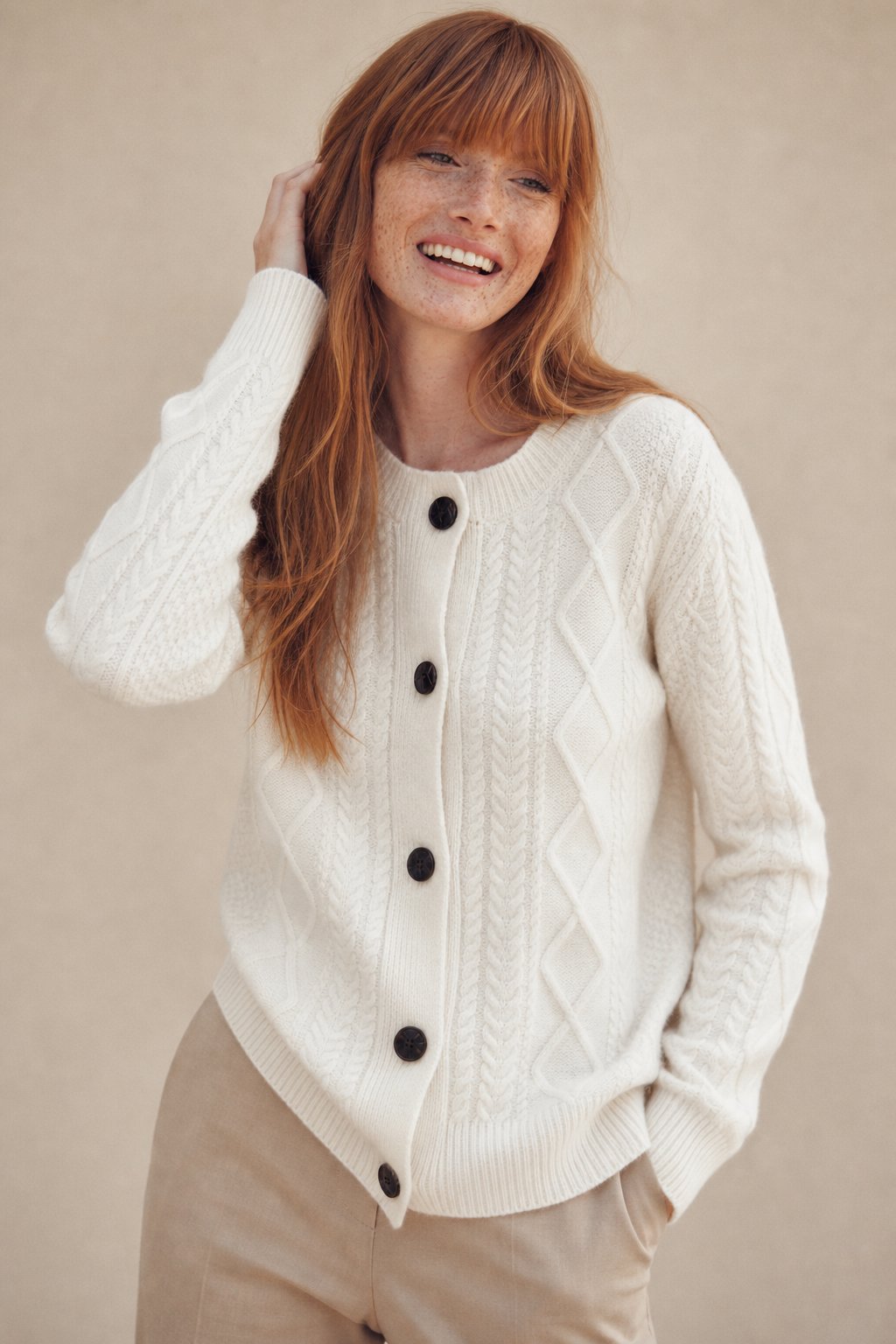 Nadia | Aran Cable Knit Button Front Cashmere Cardigan - View 9
