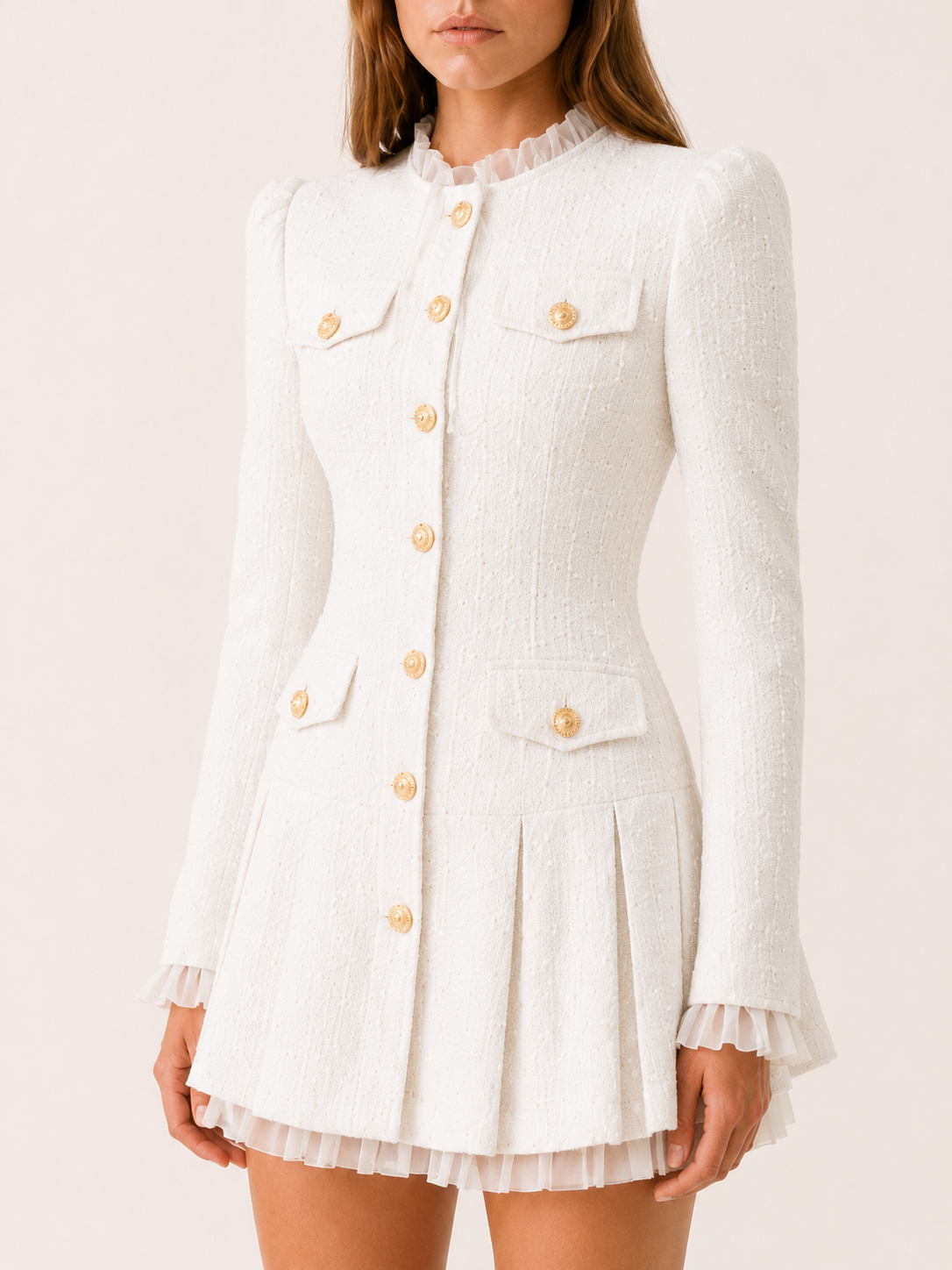 Nadine | Ruffle Collar Gold Button Pleated Tweed Mini Dress - View 4