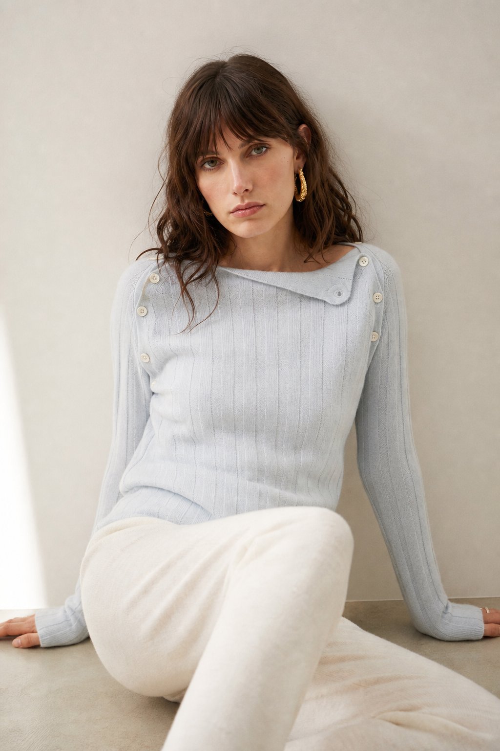 Nella | Shoulder Button Ribbed Cashmere Boat Neck Sweater
