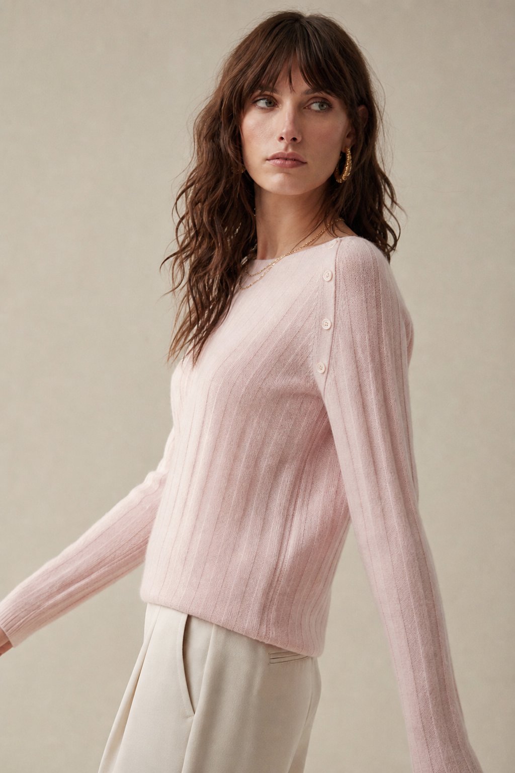Nella | Shoulder Button Ribbed Cashmere Boat Neck Sweater - View 10