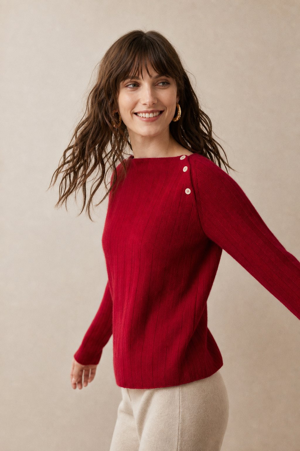 Nella | Shoulder Button Ribbed Cashmere Boat Neck Sweater - View 11