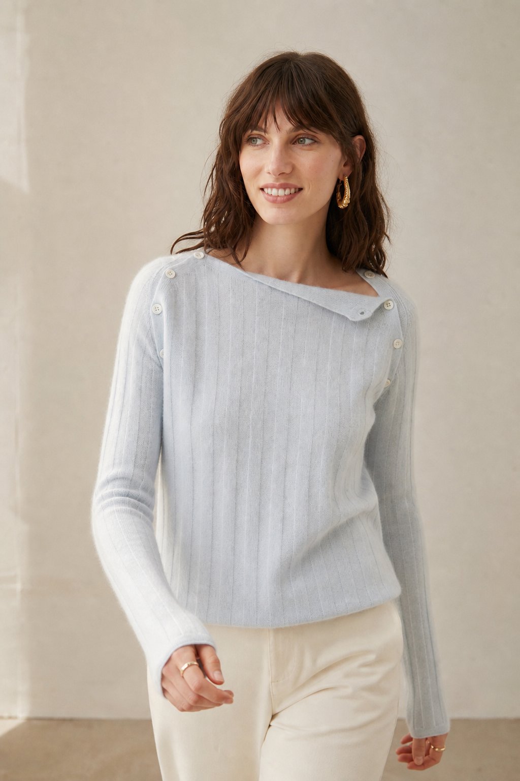 Nella | Shoulder Button Ribbed Cashmere Boat Neck Sweater - View 2