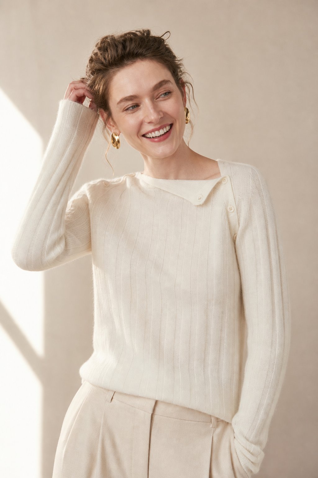 Nella | Shoulder Button Ribbed Cashmere Boat Neck Sweater - View 5