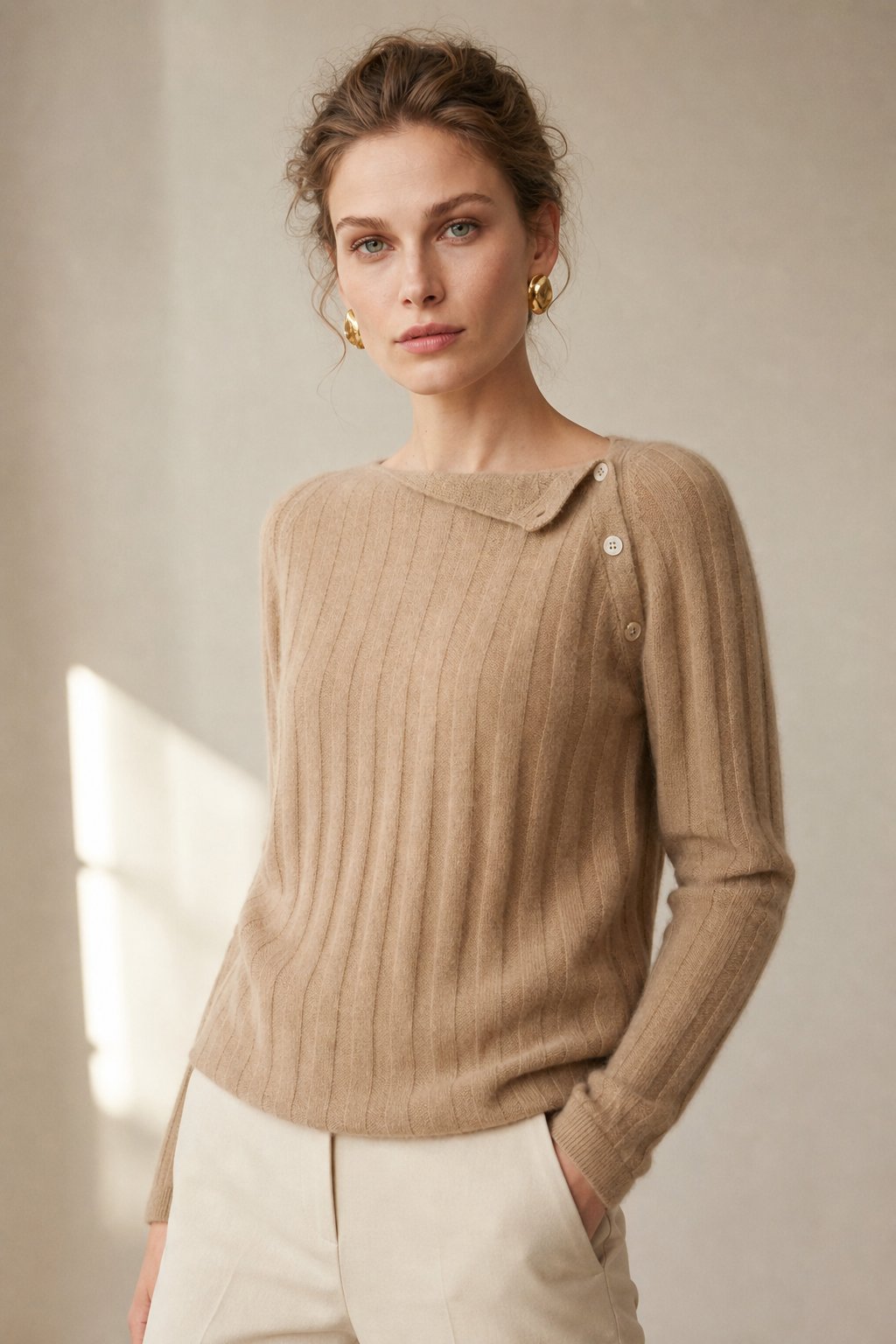 Nella | Shoulder Button Ribbed Cashmere Boat Neck Sweater - View 7