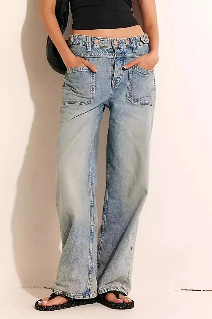 Noor | High Waist Patch Pocket Wide Leg Denim Jeans - View 21