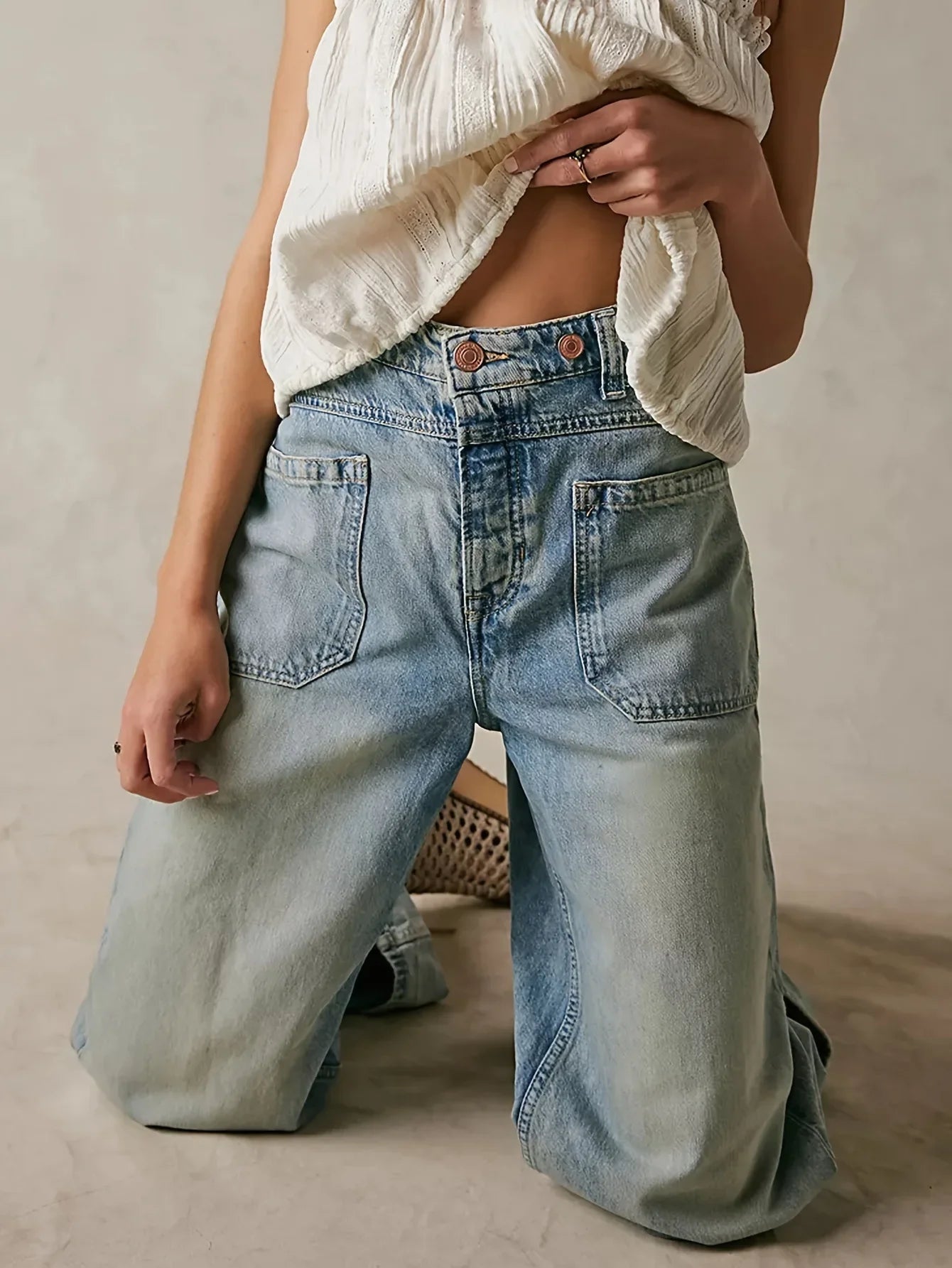 Noor | High Waist Patch Pocket Wide Leg Denim Jeans - View 6