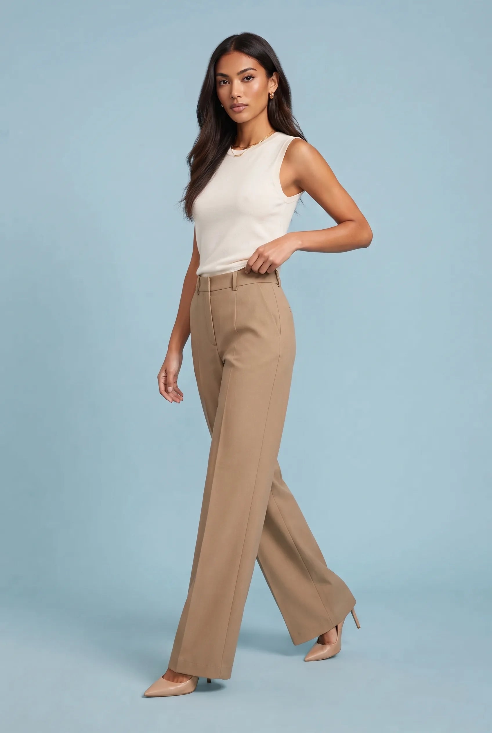 Odile | Belt Loop Pressed Crease Tailored Wide Leg Trousers